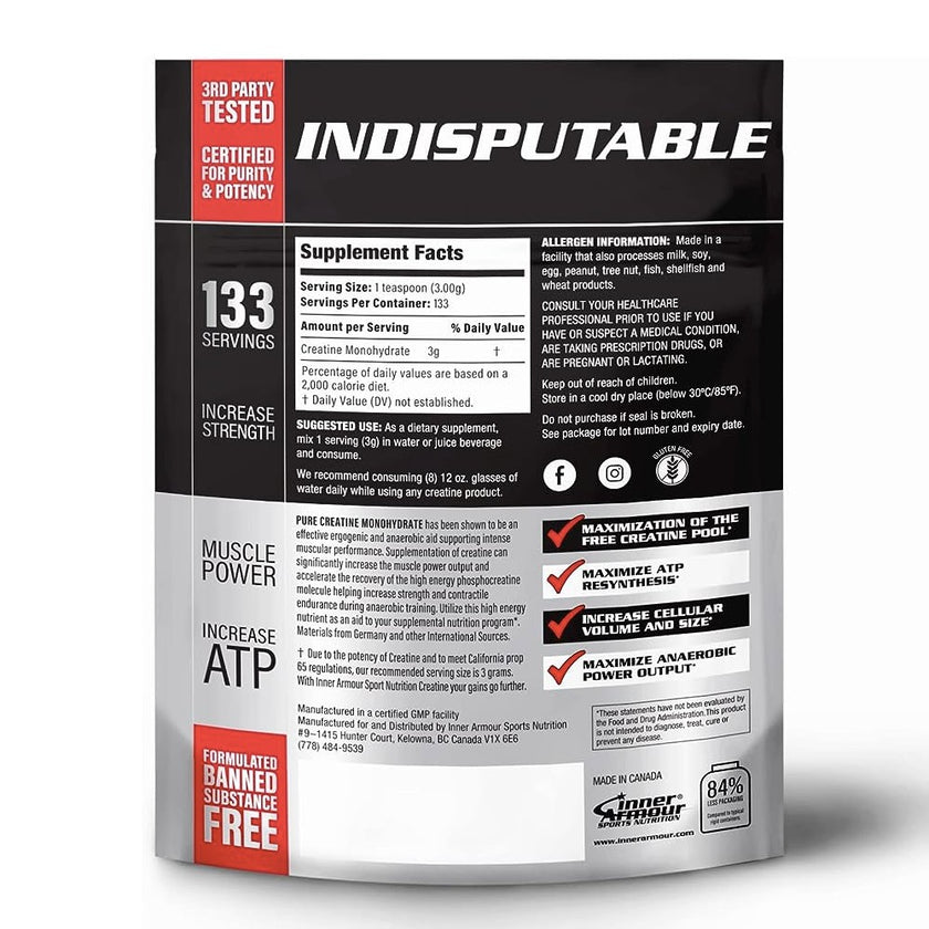 CREATINA MICRONIZADA INNER ARMOUR 400g. RINDE 133 SERVICIOS. LIBRE DE SABORIZANTES