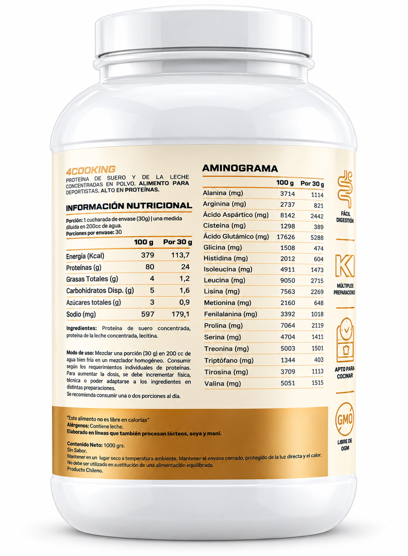 PACK 4COOKING PROTEIN. SIN SABOR. TOTAL 60 SERVICIOS. LIBRE DE GLUTEN Y CON ENZIMA LACTASA