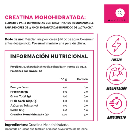 CREATINE WOMAN MICRONIZADA 300g  60 SERVICIOS. LIBRE DE SABORIZANTES