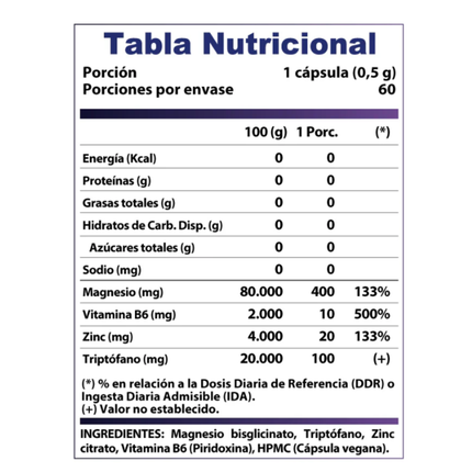 ZMA NIGHTIME. ZINC + MAGNESIO + VIT B6  + TRIPTOFANO. 60 SERVICIOS PARA SUEÑO FELIZ