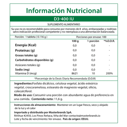 VITAMINA D3 400ui, 100 COMPRIMIDOS