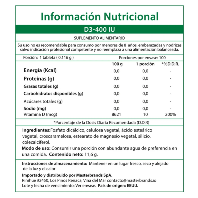 VITAMINA D3 400ui, 100 COMPRIMIDOS