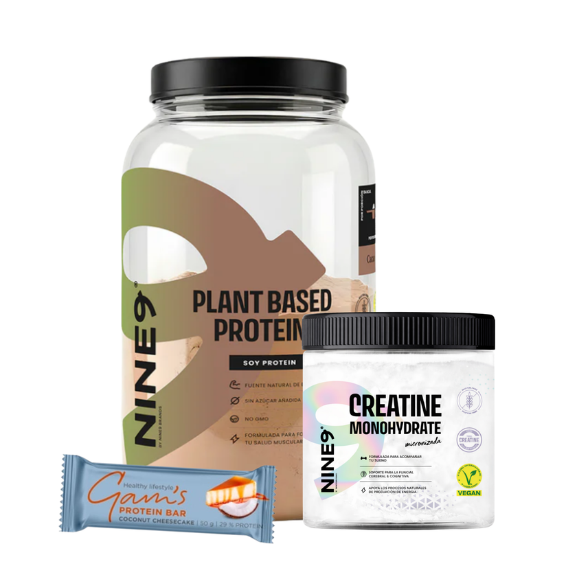PACK NINE9 VEGAN. PROTEINA 30 SERVICIOS + CREATINA 300g + SNACK PROTEICO