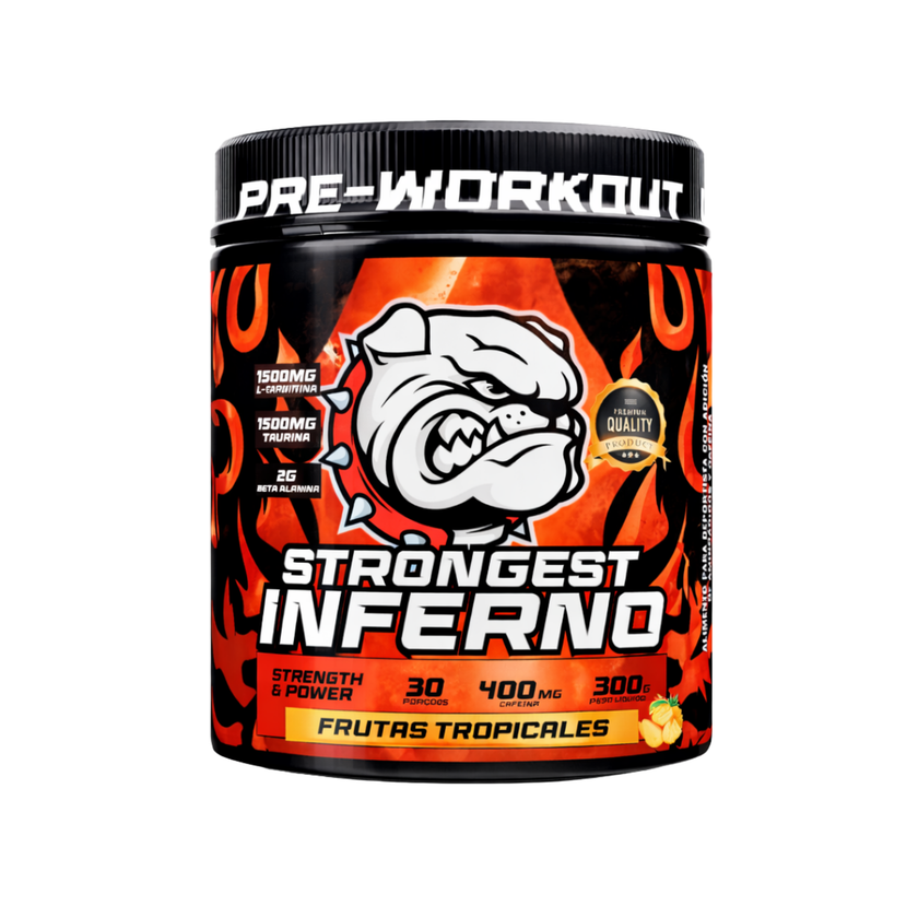 PRE WORKOUT  STRONGEST INFERNO. 30 SERVICIOS DE PODER. 400mg CAFEINA. UNA EXPLOSIÓN INTERNA