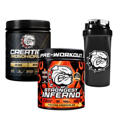 EL PODER DE STRONGEST. PRE WORKOUT + CREATINA + SHAKER