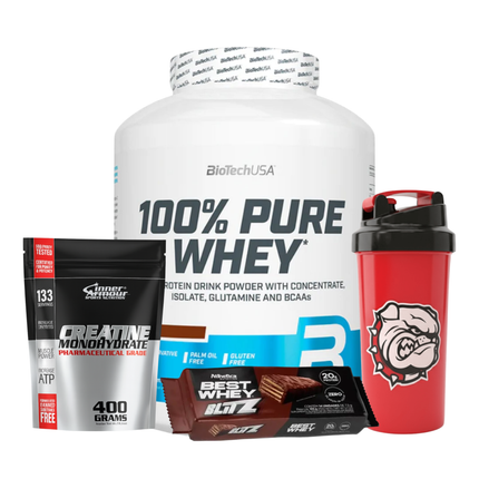 PACK 80. PROTEINA 81 SERVICIOS + CREATINA 133 SERVICIOS + SNACK PROTEICO + SHAKER DE REGALO