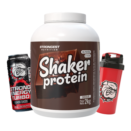 SHAKER PROTEIN, 60 SERVICIOS CON 20g PROTEINA + SHAKER Y LATA STRONGEST DE REGALO