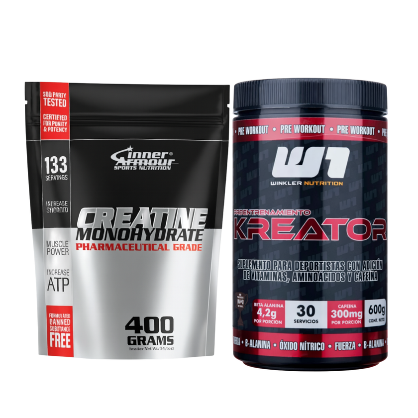 PACK FUERZA EXTREMA. PODEROSO PRE ENTRENAMIENTO + CREATINA 133 SERVICIOS + SHOT ENERGY DE REGALO
