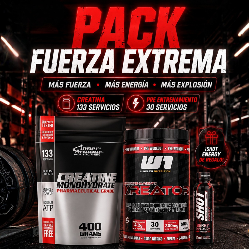 PACK FUERZA EXTREMA. PODEROSO PRE ENTRENAMIENTO + CREATINA 133 SERVICIOS + SHOT ENERGY DE REGALO
