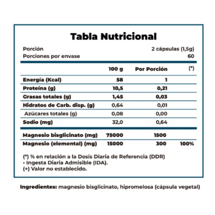MAGNESIO BISGLICINATO 120caps.  60 SERVICIOS. 100% CALIDAD CLABEL