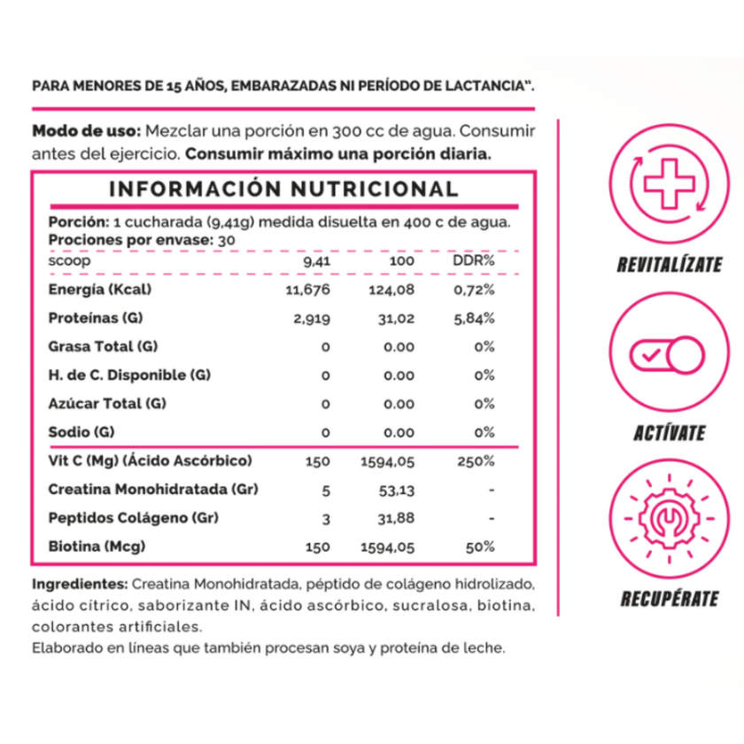 CREATINA + COLAGENO. EXQUISITOS SABORES, 30 SERVICIOS. LIBRE DE GLUTEN. FUERZA Y BELLEZA