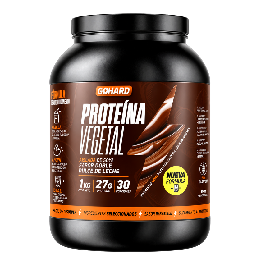 NUEVA FORMULA GO HARD PROTEINA 100% AISLADA DE SOYA. 27g PROTEINA. 30 SERVICIOS. EXQUISITOS SABORES