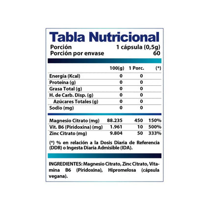 ZMA B6 / ZINC + MAGNESIO + VIT B6 / 60 CAPSULAS / 60 SERVICIOS